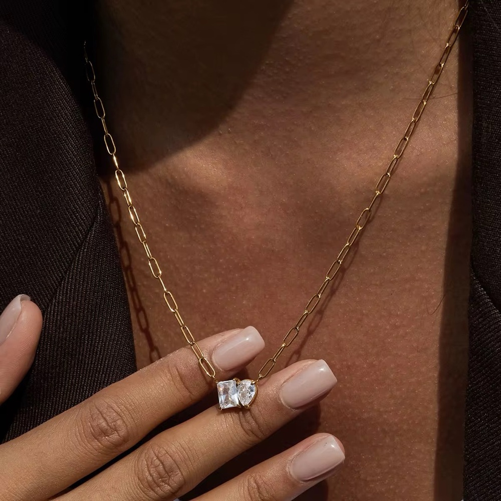 18K Gold Plated Heart and Square Cubic Zirconia Necklace - Picture 6 of 11